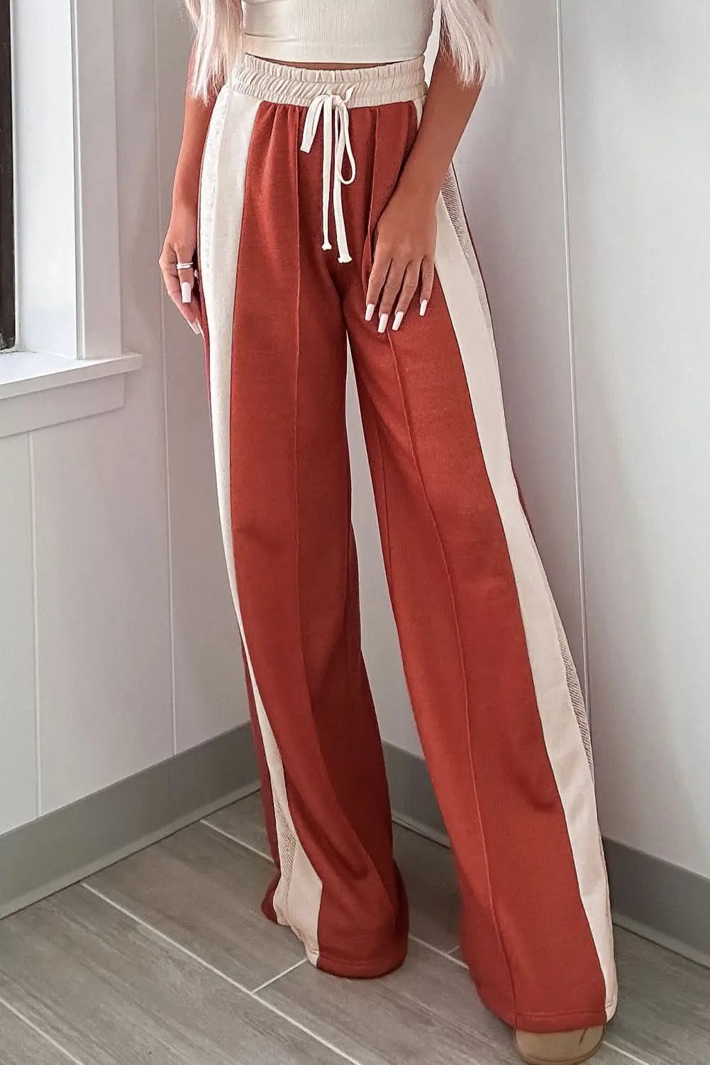 Flamingo Color Block Drawstring High Waist Wide Leg Pants - Love Salve
